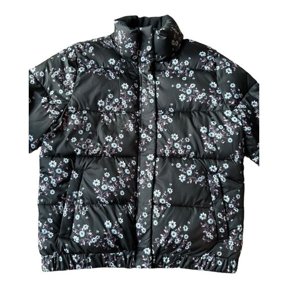 Floral puffer jacket by Skechers black, blue & pink stand collar size large - Picture 4 of 12